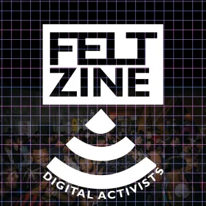 black and white logo for internet collective FELT Zine. Bold, all caps type face is used, and an upside-down wifi symbol points to the phrase 